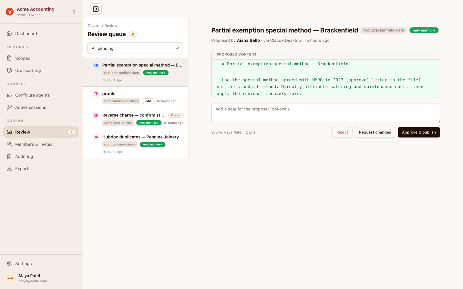 The Estratos review queue: a list of pending proposals on the left, including a VAT special-method memory proposed by Aisha Bello via Claude Desktop, and a detail pane on the right showing the proposed Markdown as a green diff with Reject, Request changes, and Approve & publish actions.