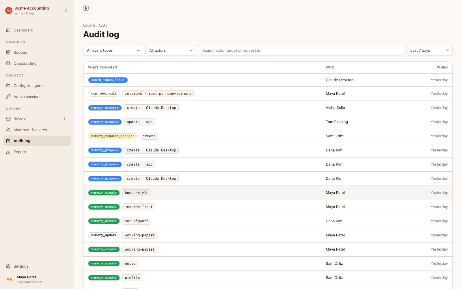 The Estratos audit log: filters for event type, actor, free text, and date range above a feed of color-coded events — OAuth token issues, MCP tool calls, memory proposals, and memory creates — each with its actor, target, and time.