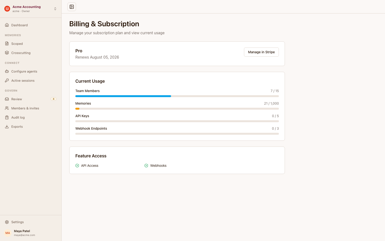 The Estratos billing screen: the Pro plan with its renewal date, a Current Usage panel with live meters for team members, API keys, and webhook endpoints, and a Feature Access panel.