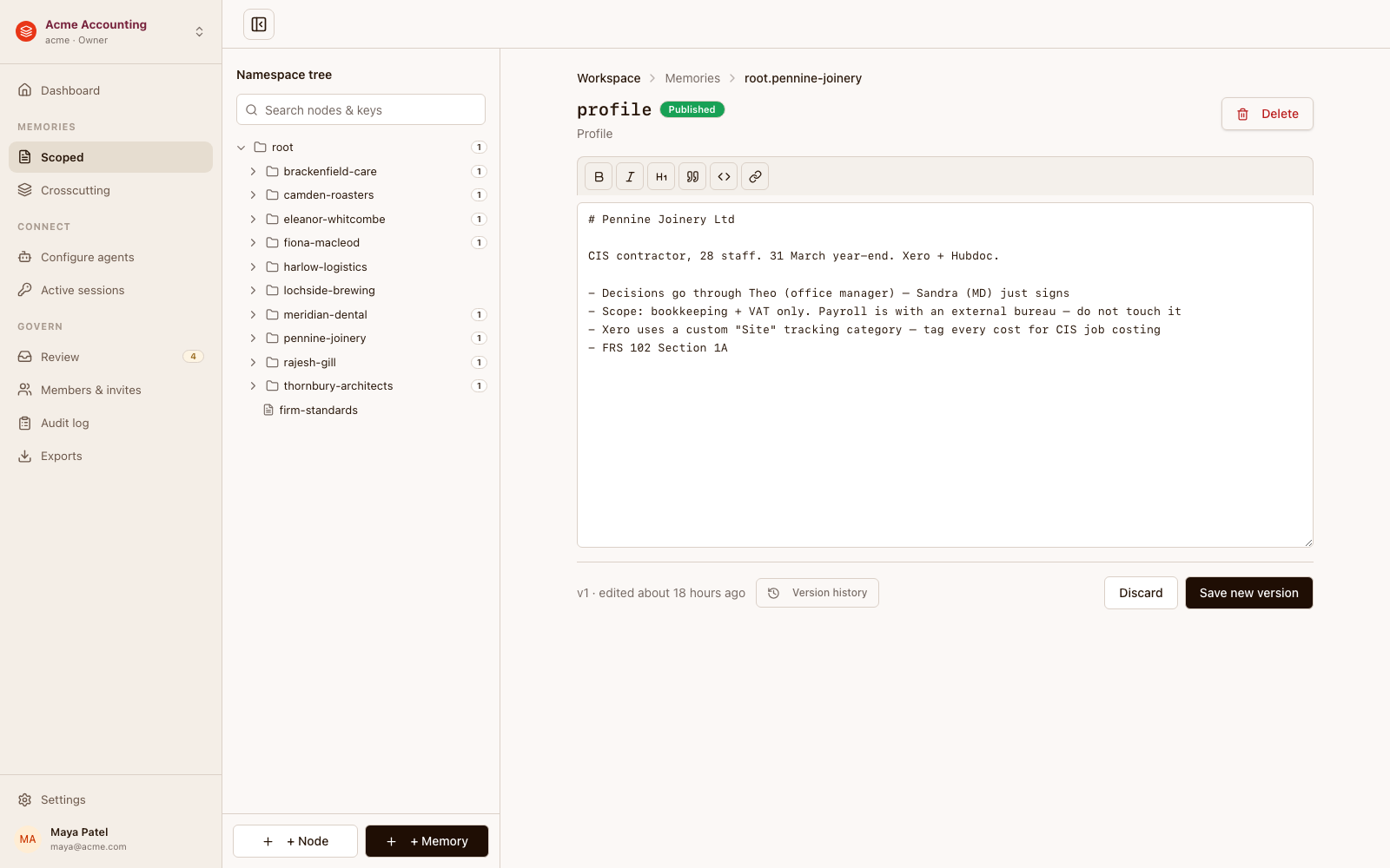 The Estratos scoped-memories screen: a folder tree on the left listing clients such as brackenfield-care, camden-roasters, and pennine-joinery, with the profile memory for Pennine Joinery open in a Markdown editor on the right, showing a Published badge.